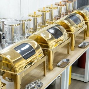 9 Ltr Rectangle Rolltop Gold Chafing Dish with Glass Window – Double Compartment – CS-RA-2302G